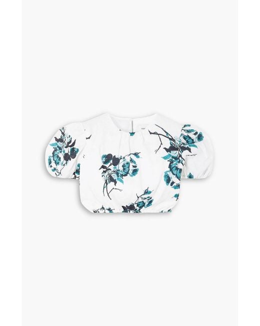 Erdem Blue Romi Cropped Floral-Print Linen Top
