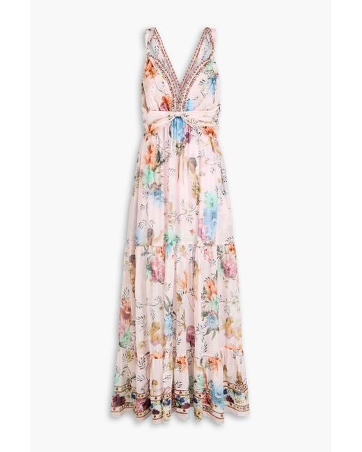 Camilla White Crystal-Embellished Floral-Print Silk-Voile Midi Dress