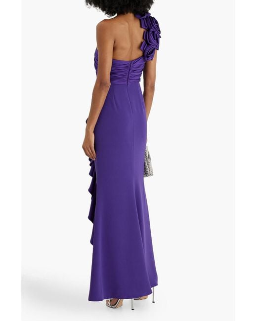 Badgley Mischka Purple One-shoulder Floral-appliquéd Faille Gown