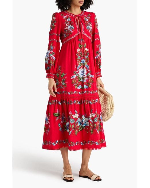 Farm Rio Red Floral-print Linen-blend Midi Dress