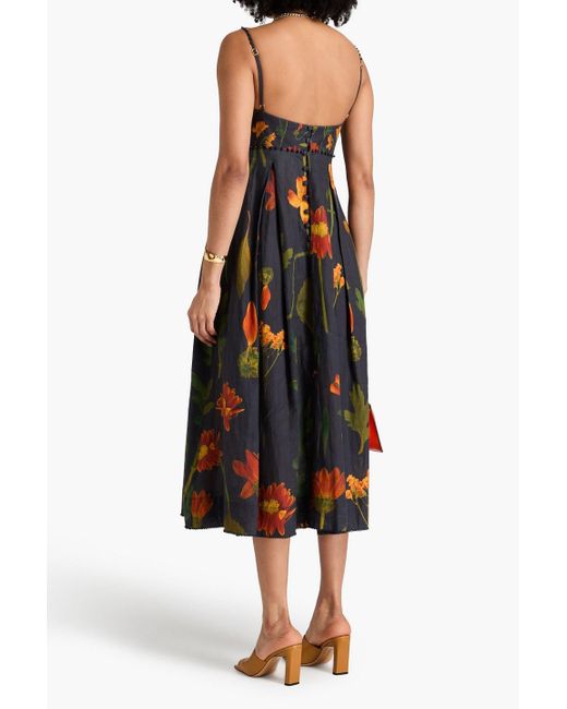Agua Bendita Blue Mambo Embellished Floral-print Linen Midi Dress