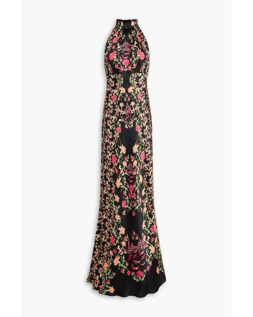 Saloni White Michelle Floral-Print Hammered Silk-Satin Halterneck Maxi Dress