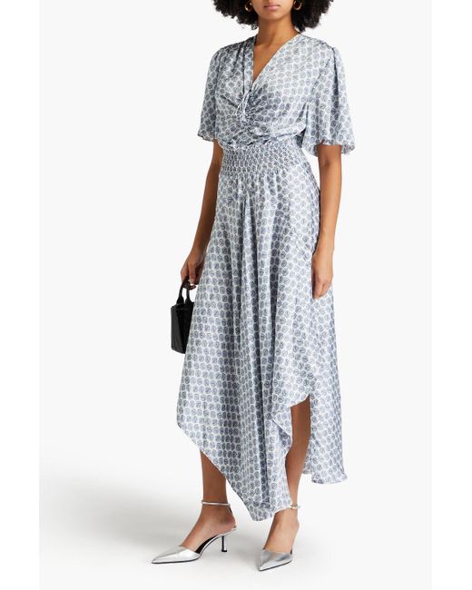 Maje Gray Asymmetric Printed Satin Maxi Dress