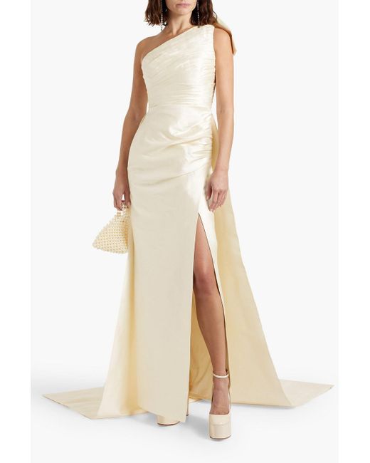 Rachel Gilbert Natural One-shoulder Bow-detailed Wool And Silk-blend Mikado Gown