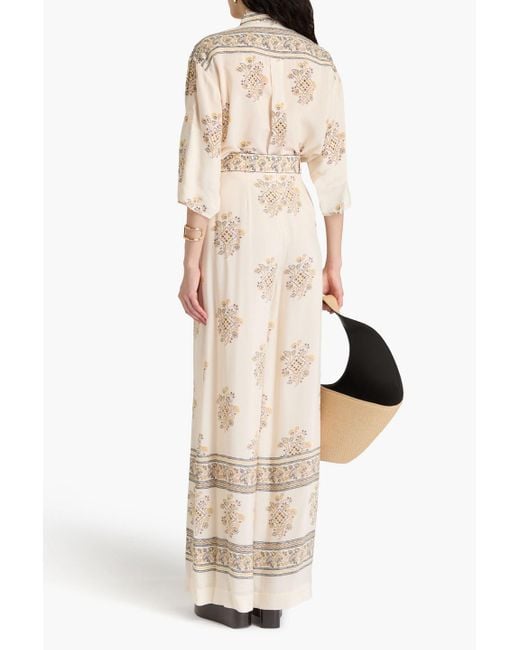 Zimmermann Natural Belted Printed Crepe De Chine Wide-leg Pants