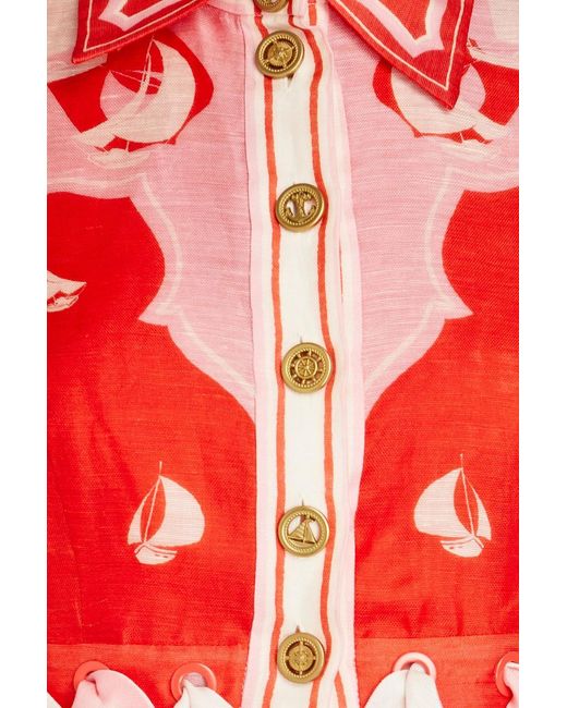 Zimmermann Red Cropped Printed Linen And Silk-Blend Shirt