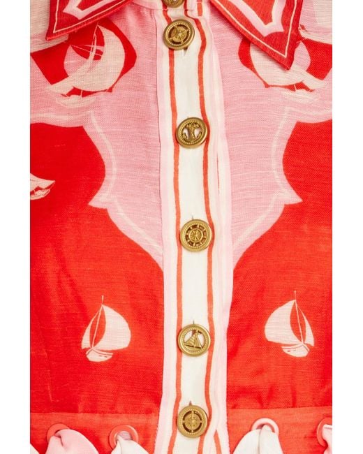 Zimmermann Brown Cropped Printed Linen And Silk-blend Shirt