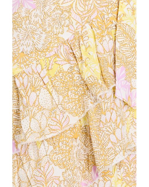 Melissa Odabash Natural Ruffled Floral-print Mousseline Mini Wrap Dress