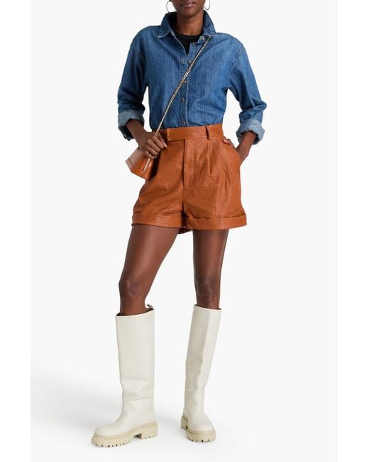 FRAME Brown Pleated Leather Shorts