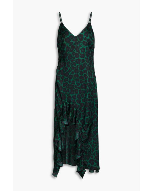 Sandro Green Ruched Leopard-print Satin-twill Midi Dress