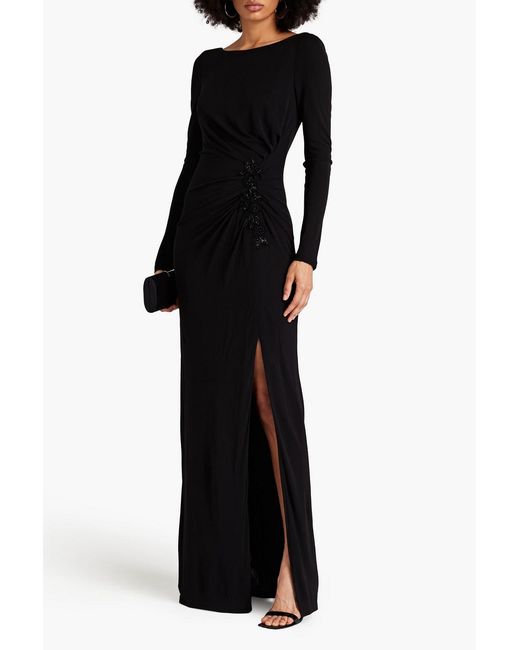 Marchesa Black Bead-Embellished Appliquéd Ruched Stretch-Jersey Gown