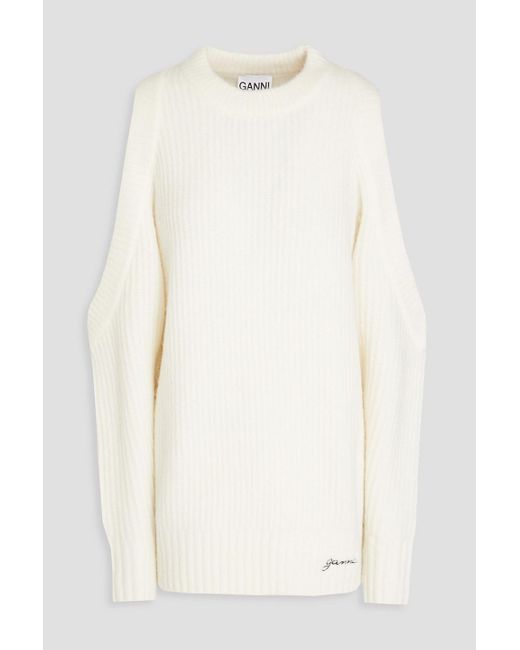 Ganni White Cold-shoulder Ribbed-knit Sweater