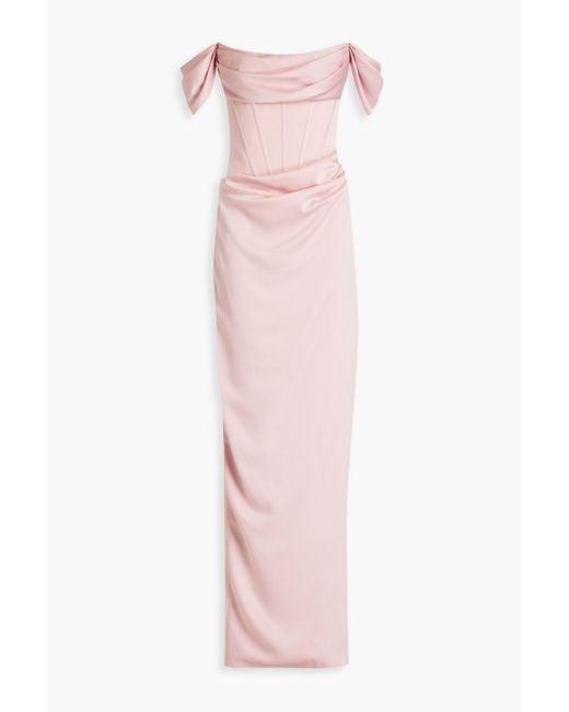 Rasario Pink Off-the-shoulder Draped Satin Gown