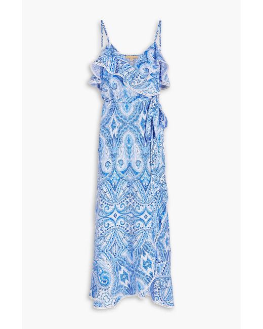 Melissa Odabash Blue Prosperity midi-wickelkleid aus webstoff mit paisley-print und rüschen