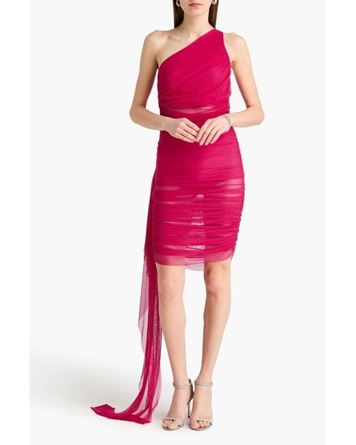 The Sei Pink One-shoulder Draped Stretch-mesh Mini Dress