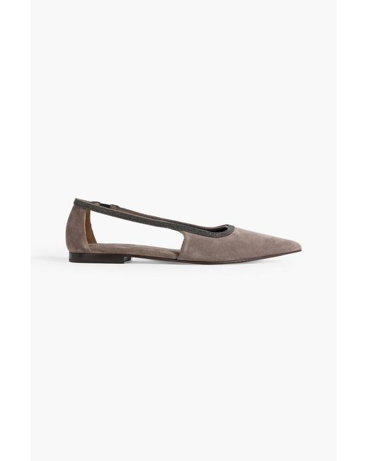Brunello Cucinelli Natural Bead-Embellished Suede Point-Toe Flats
