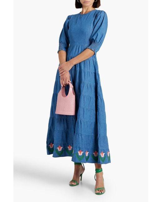 Rixo Blue Kristen Tiered Embroidered Cotton-chambray Maxi Dress