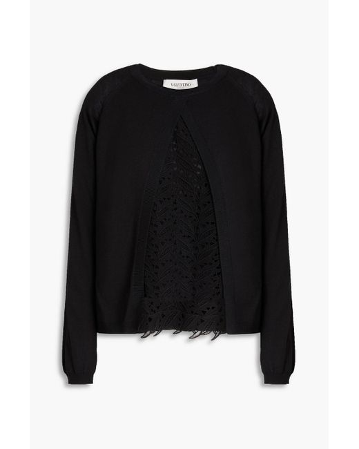 Valentino Garavani Black Layered Guipure Lace Wool, Silk And Cashmere-blend Sweater