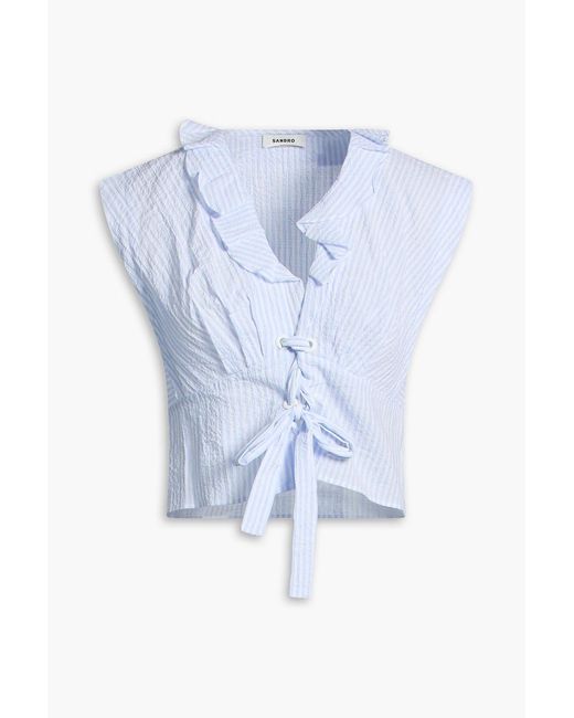 Sandro Blue Cropped Ruffled Striped Cotton-Blend Seersucker Top