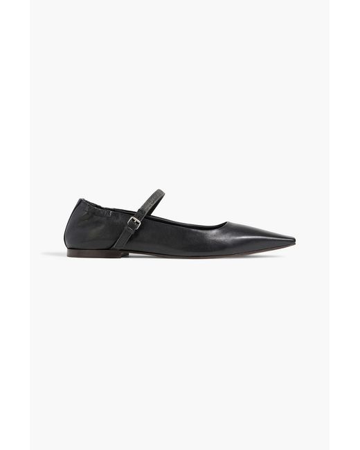 Brunello Cucinelli Black Bead-embellished Leather Mary Jane Flats