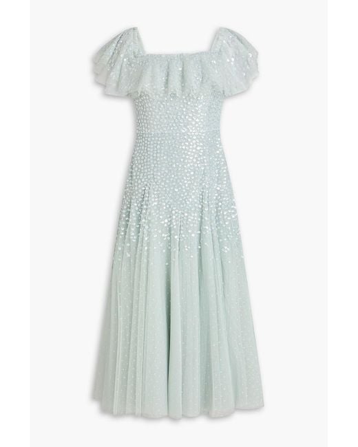 Needle & Thread Blue Dappled Off-The-Shoulder Sequin-Embellished Tulle Midi Dress