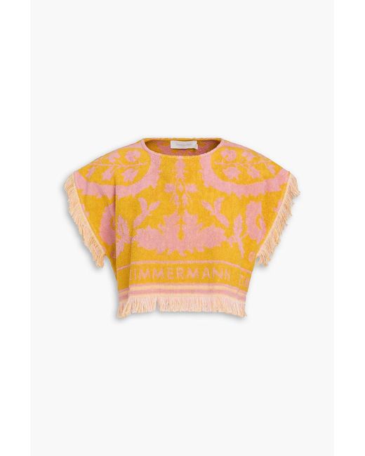 Zimmermann Orange Cropped Fringed Printed Cotton-Terry Top