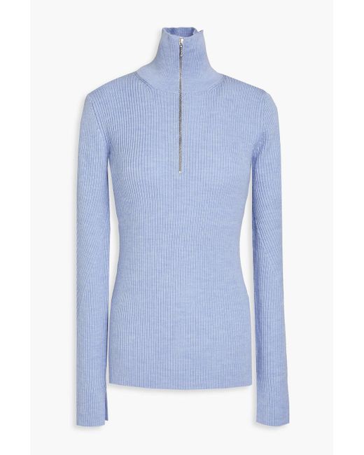 Ganni Blue Ribbed Merino Wool Half-zip Sweater