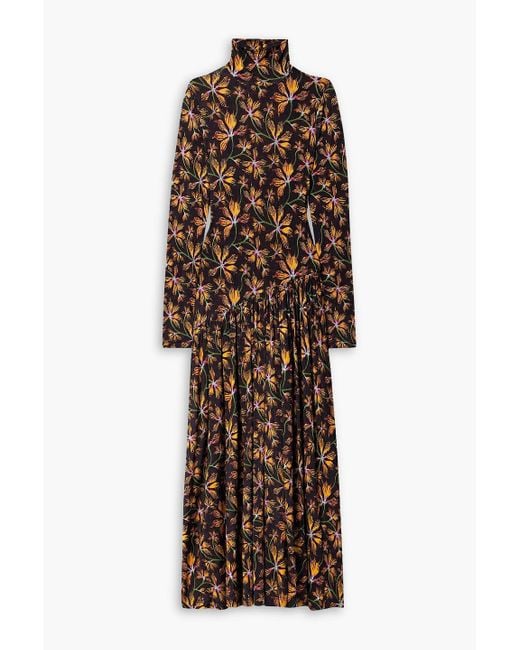 Ulla Johnson Brown Fernanda Gathered Floral-print Stretch-jersey Turtleneck Dress