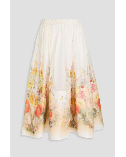 Zimmermann Natural Floral-Print Linen And Silk-Blend Midi Skirt