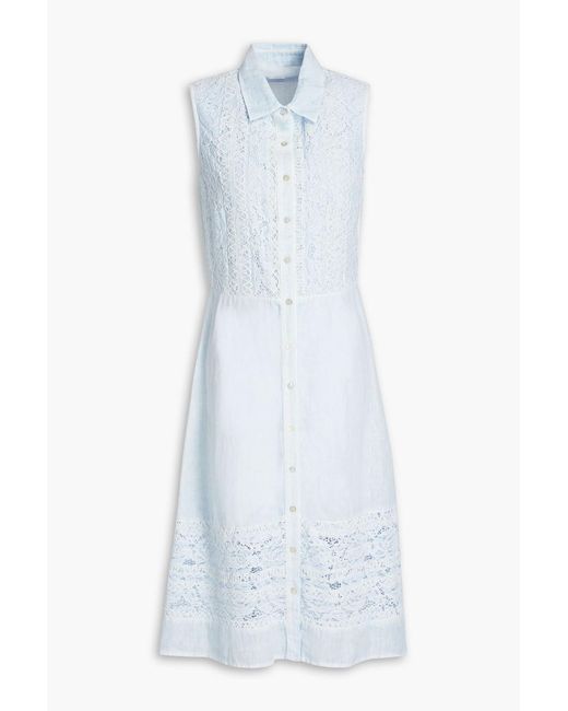 120% Lino Blue Lace-paneled Linen Shirt Dress