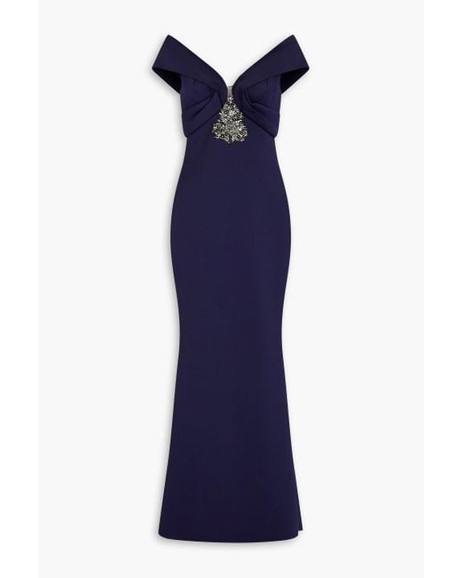 Badgley Mischka Blue Embellished Draped Scuba Gown