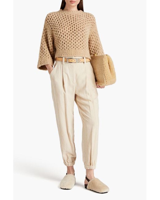 Brunello Cucinelli Natural Cropped Bouclé-knit Camel Wool And Silk-blend Sweater