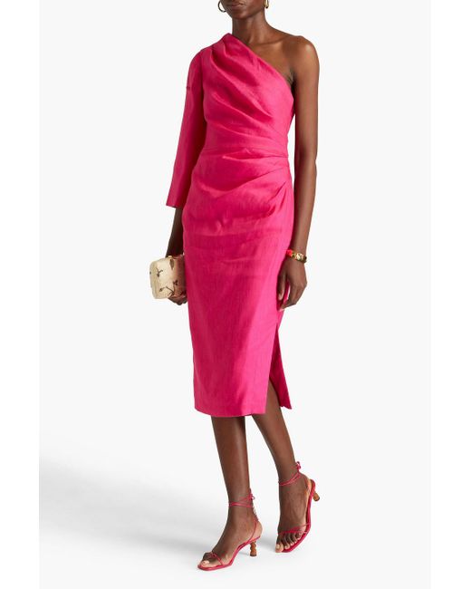 Veronica Beard Pink Patsy One-shoulder Pleated Linen-blend Midi Dress