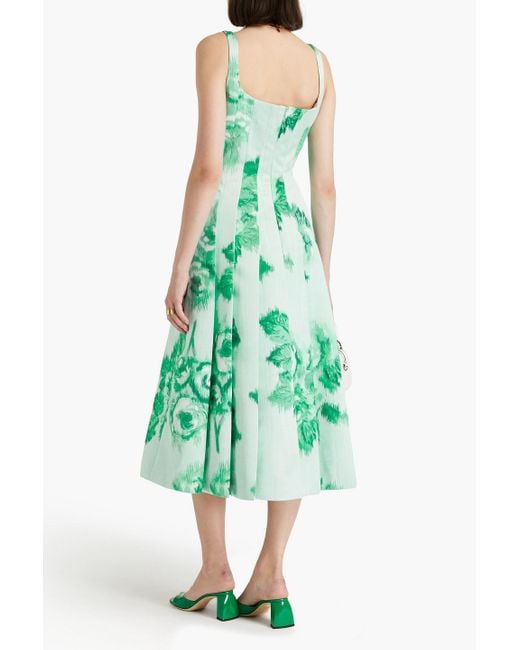 Emilia Wickstead Green Pleated Floral-print Duchesse-satin Midi Dress