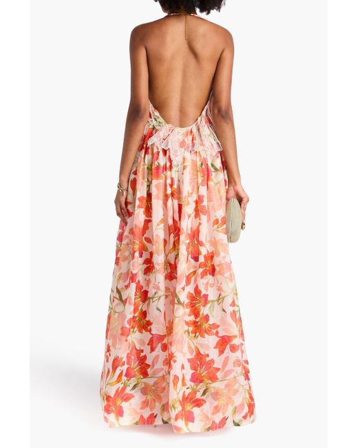 Zimmermann White Maxikleid aus organza aus einer leinen-seidenmischung mit floralem print und rückenausschnitt