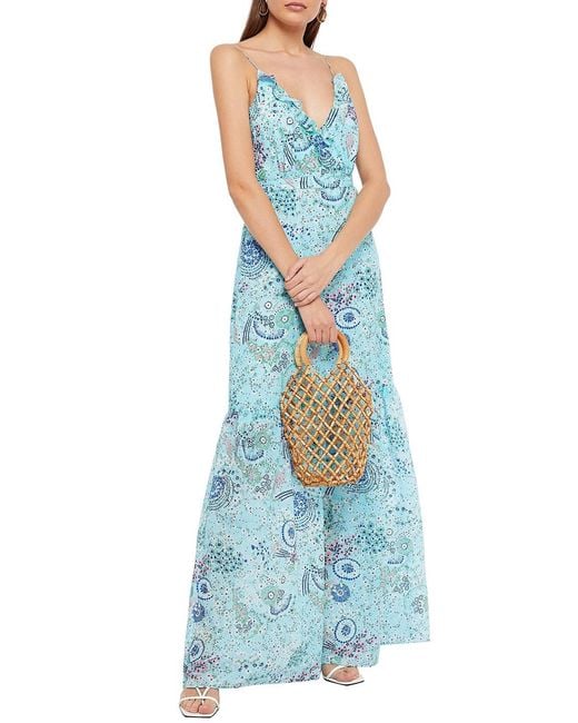 Saloni Blue Ruffled Floral-print Cotton-blend Jacquard Maxi Dress