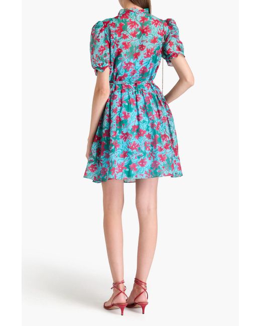 Saloni Blue Penny Belted Printed Cotton And Silk-blend Voile Mini Dress