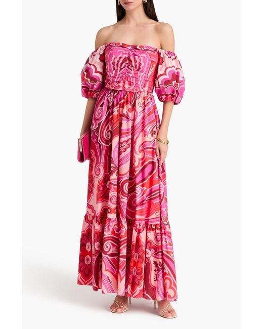 Etro Red Off-The-Shoulder Paisley-Print Stretch-Cotton Poplin Maxi Dress