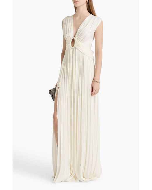 Costarellos White Cutout Pleated Metallic Georgette Gown