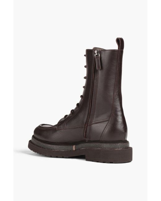 Brunello Cucinelli Brown Bead-embellished Leather Combat Boots