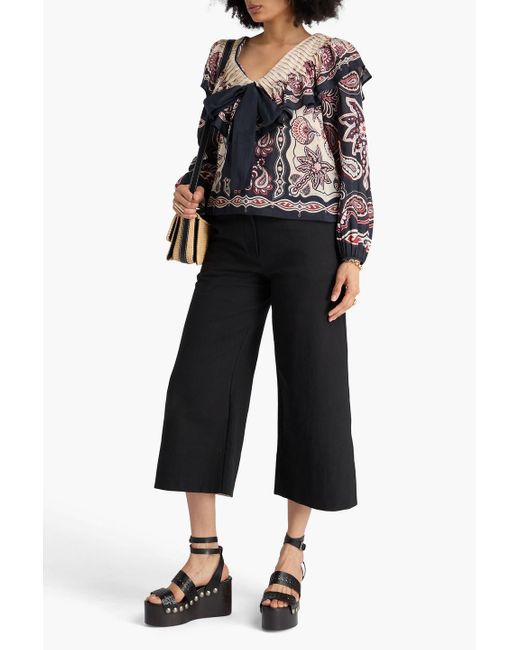 Farm Rio Black Bow-detailed Printed Cotton-blend Top