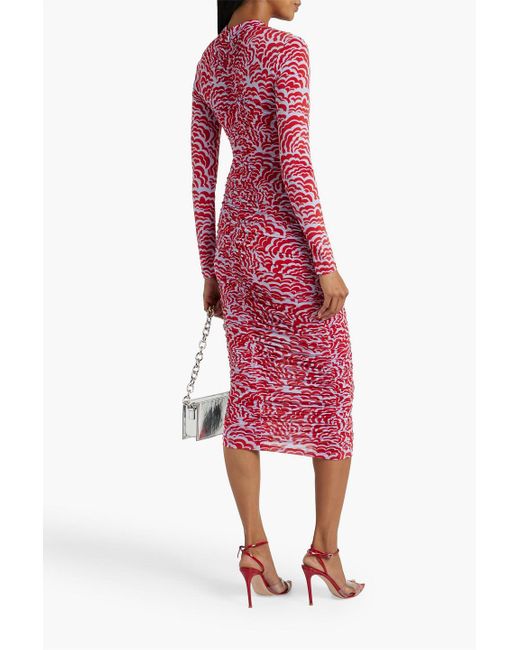 A.L.C. Red Ansel Ruched Printed Stretch-jersey Midi Dress