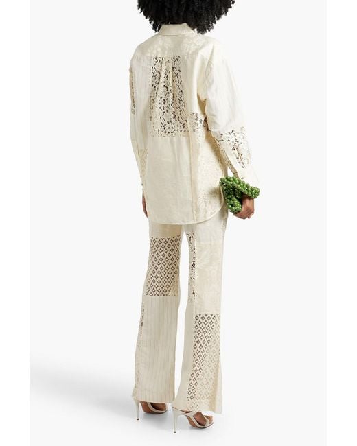 Zimmermann Natural Patchwork Lace-paneled Linen And Silk-blend Jacquard Wide-leg Pants