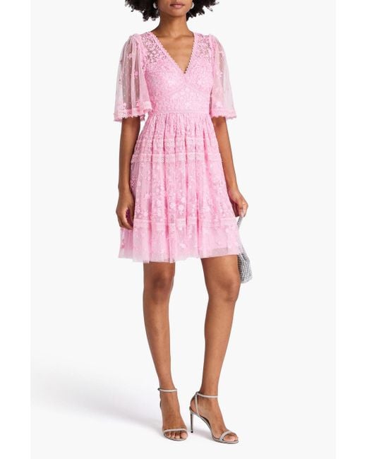 Needle & Thread Pink Crochet-trimmed Embroidered Tulle Mini Dress