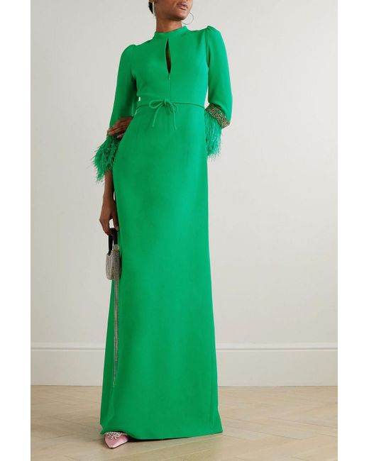 Andrew Gn Green Embellished Feather-trimmed Cady Gown