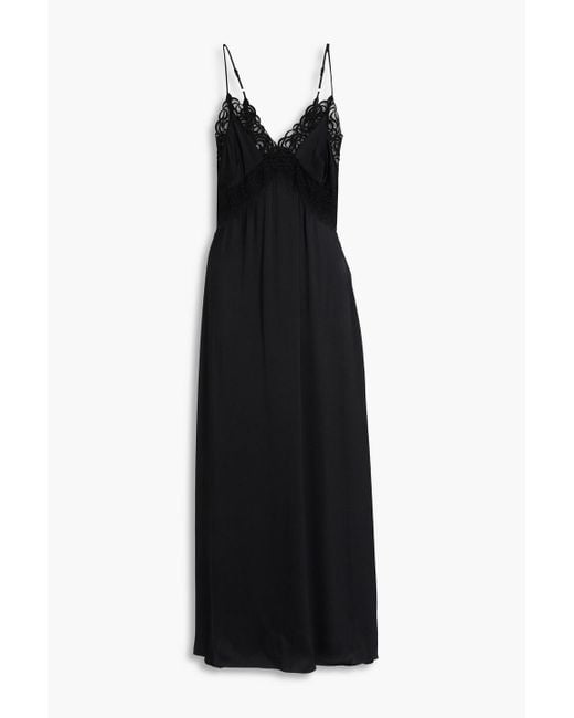 Sandro Black Guipure Lace-Trimmed Satin Midi Slip Dress