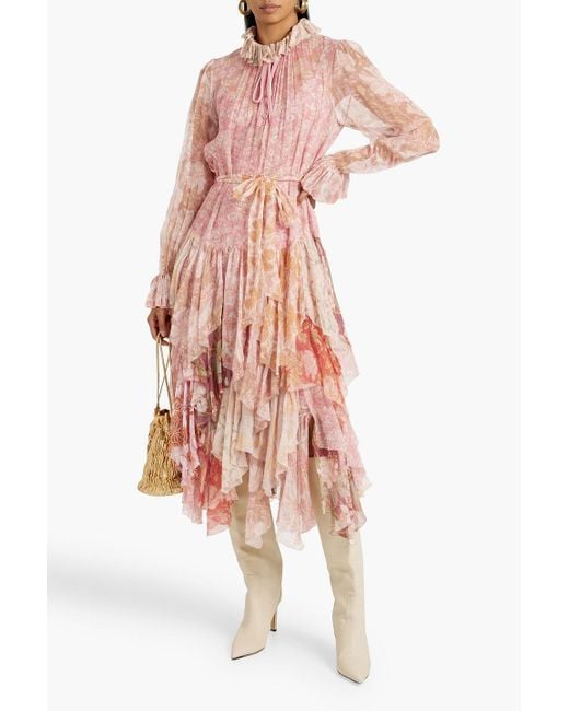 Zimmermann Pink Ruffled Floral-print Silk-georgette Midi Dress