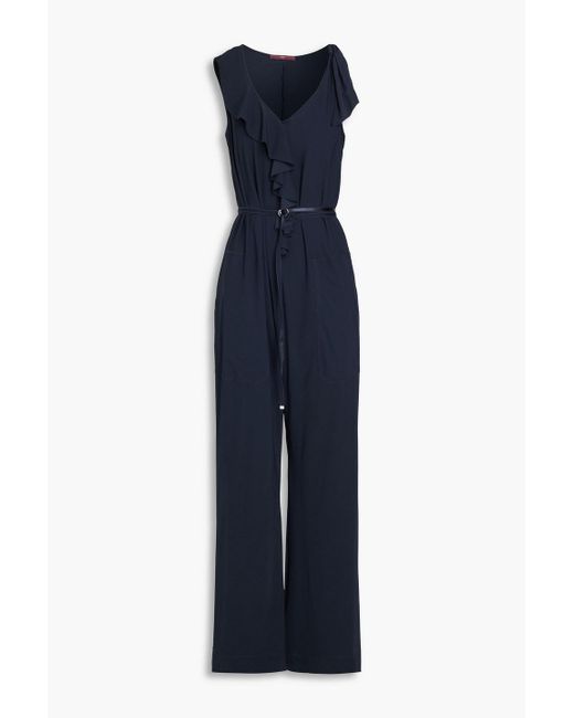 High Blue Belted Ruffled Stretch-Jersey Jumpsuit