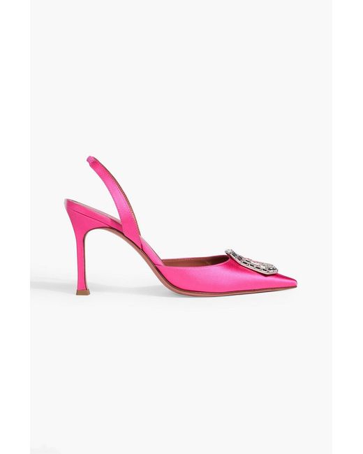 AMINA MUADDI Pink Camelia Crystal-Embellished Satin Slingback Pumps