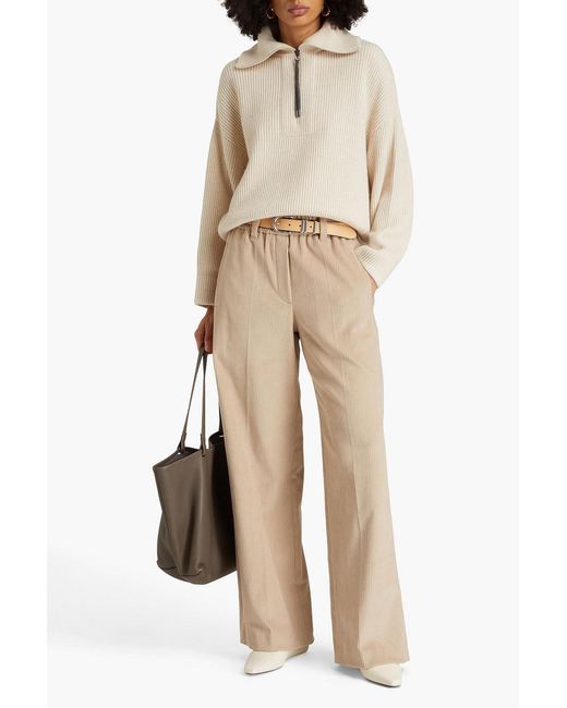 Brunello Cucinelli Natural Bead-embellished Cotton-blend Corduroy Wide-leg Pants